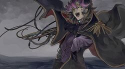 1boy ai_(yu-gi-oh!) alternate_form android ascot black_ascot black_cape black_hair black_pants cable cape closed_eyes colored_bangs dress_shirt epaulettes facing_to_the_side grey_sky highres horizon in_water male_focus mechabare military_uniform missing_limb novale110 ocean open_mouth outdoors outstretched_arms overcast pants purple_shirt shirt sky wading water wind wire yu-gi-oh! yu-gi-oh!_vrains
