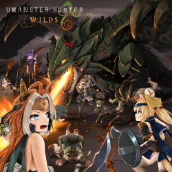 1boy 5girls 96sikisuzume absurdres animal_ears animalization arms_up back_bow black_hat blast_onepiece_(umamusume) blonde_hair blue_headband bow breasts breath_weapon breathing_fire commentary_request copyright_name crossover curren_chan_(umamusume) dream_journey_(umamusume) durandal_(umamusume) ear_covers ear_ornament fantasy felyne fire forehead_protector fusion gloves hat headband highres holding holding_keg_(container) holding_polearm holding_shield holding_sword holding_weapon horn_bow horn_cover horn_ornament horns horse_ears horse_girl horse_tail keg_(container) lance long_hair monster_hunter_(series) monster_hunter_wilds multiple_girls orange_hair orfevre_(umamusume) partially_fingerless_gloves polearm ponytail puffy_short_sleeves puffy_sleeves purple_eyes rathian rerebrace school_uniform shield short_sleeves sideboob single_ear_cover summer_uniform sweatdrop sweep_tosho_(umamusume) sword t-head_trainer_(umamusume) tail tracen_school_uniform trainer_(umamusume) umamusume weapon witch_hat