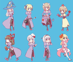 Rule 34 | 6+girls, acolyte (ragnarok online), black shoes, black thighhighs, blonde hair, blue background, blue bow, blue eyes, blue hat, blue ribbon, blush, bow, bowtie, brown capelet, brown eyes, brown hair, brown skirt, capelet, cassock, circlet, closed mouth, coat, commentary request, cross, cross necklace, double bun, dress, fake horns, flower, full body, garter straps, glasses, grey hair, hair bow, hair bun, hair flower, hair ornament, hair ribbon, hat, heart, heart necklace, high priest (ragnarok online), holding, holding mace, holding mask, holding weapon, horns, jewelry, john (strike-shank), juliet sleeves, long hair, long sleeves, looking at viewer, mace, mask, medium hair, mittens, mouth hold, multiple girls, mushroom on head, necklace, open mouth, pink dress, pink hair, priest (ragnarok online), puffy sleeves, purple dress, purple eyes, purple mittens, purple shirt, ragnarok online, red-framed eyewear, red flower, ribbon, sash, shirt, shoes, short hair, short sleeves, side slit, sitting, skirt, smile, spiked mace, spikes, standing, star (symbol), star print, thighhighs, two-tone dress, unworn mask, weapon, white bow, white bowtie, white dress, white hair, white horns, white sash, white thighhighs, witch hat