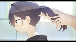Rule 34 | 1boy, 1other, absurdres, adam&#039;s apple, adjusting another&#039;s hair, black hair, black shirt, commentary request, from side, green eyes, hair between eyes, hair intakes, highres, letterboxed, long hair, male focus, original, portrait, purple eyes, sankakkee, shirt, sidelocks, solo focus