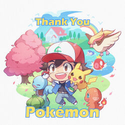 1boy :d arm_up artist_name ash_ketchum baseball_cap belt black_shirt blue_jacket blue_pants blue_sky brown_belt brown_eyes brown_hair bulbasaur charmander cherry_blossoms chibi cloud commentary copyright_name day english_commentary falling_petals fence fingerless_gloves gen_1_pokemon gloves grass green_gloves hat holding holding_poke_ball house jacket looking_at_viewer magikarp nintendo open_clothes open_jacket open_mouth original pants petals pidgeot pikachu poke_ball poke_ball_(basic) pokemon pokemon_(anime) pokemon_(classic_anime) pokemon_(creature) rainbow red_footwear red_headwear shirt shoes short_hair short_sleeves simple_background sky smile squirtle starter_pokemon_trio teeth thank_you tree upper_teeth_only water watermark white_background white_headwear white_jacket zoe_(killyou80)