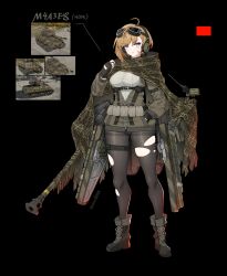 1girl absurdres ahoge artist_name black_pantyhose blonde_hair blue_eyes boots camouflage cannon fingerless_gloves full_body gloves goggles goggles_on_head highres looking_at_viewer m4_sherman m4a3e8 mecha_musume military military_uniform military_vehicle motor_vehicle original pantyhose personification sherman_(egnk2525) simple_background solo tank war_thunder world_war_ii