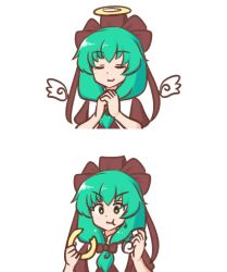 Rule 34 | 1girl, :3, bow, brown bow, brown ribbon, chewing, closed eyes, closed mouth, commentary request, detached wings, dot nose, food, green eyes, green hair, hair bow, hair ribbon, halo, holding, holding food, kagiyama hina, looking at viewer, medium hair, mizusoba, own hands together, partial commentary, praying, ribbon, short sleeves, simple background, smile, touhou, traditional halo, white background, white wings, wings, yellow halo