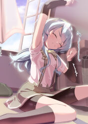 Rule 34 | 1girl, arm warmers, bike shorts, bow, bowtie, closed eyes, collared shirt, dress shirt, green bow, green bowtie, green hairband, grey hair, grey skirt, hairband, highres, kantai collection, metadio, plaid bow, plaid bowtie, plaid clothes, shirt, shorts, shorts under skirt, sitting, skirt, solo, stretching, suspender skirt, suspenders, wariza, wavy hair, white shirt, window, yamagumo (kancolle)