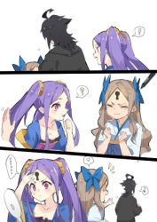 ! ... 0_0 1boy 2girls ? ahoge anger_vein arm_up asakaze_(kancolle) bad_id bad_pixiv_id black_hair blue_bow blue_kimono blush bow breasts brown_hair character_request cleavage clenched_hands collarbone comic crossover facepaint fate/grand_order fate_(series) hair_bow hair_ornament hair_scrunchie hand_mirror hand_on_forehead hanfu japanese_clothes kantai_collection kimono long_hair look-alike looking_at_mirror marker mirror motion_lines multiple_girls musical_note outstretched_arm pink_eyes profile purple_hair qixiong_ruqun quaver scrunchie sidelocks small_breasts speech_bubble spoken_anger_vein spoken_ellipsis spoken_exclamation_mark spoken_musical_note spoken_question_mark sweat tareme turn_pale twintails v-shaped_eyebrows wavy_hair white_background wu_zetian_(fate) wu_zetian_(first_ascension)_(fate) wulazula
