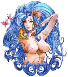 Rule 34 | 1girl, arms behind head, big hair, blue eyes, breasts, bug, butterfly, closed mouth, collarbone, commentary, darkstalkers, english commentary, felicia (darkstalkers), insect, large breasts, long hair, looking at viewer, pink butterfly, simple background, smile, solo, traditional media, upper body, vhyrel, watercolor pencil (medium), white background