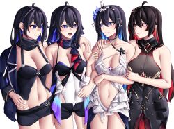 4girls absurdres ahoge benghuai_xueyuan black_dress black_hair black_shorts black_skirt blue_hair blue_jacket blue_scarf breasts cleavage clothing_cutout colored_inner_hair commentary_request covered_navel crop_top dress dual_persona flower hair_flower hair_ornament hand_on_another&#039;s_shoulder highres honkai:_star_rail honkai_(series) honkai_impact_3rd jacket korean_commentary large_breasts leotard leotard_under_clothes long_hair medium_breasts miniskirt multicolored_hair multiple_girls name_connection navel pyeong_il red_hair revealing_clothes scarf see-through_cleavage see-through_clothes seele_(alter_ego) seele_(honkai:_star_rail) seele_vollerei seele_vollerei_(fire_moth) seele_vollerei_(herrscher_of_rebirth) seele_vollerei_(starchasm_nyx) shorts simple_background skirt stomach_cutout two-tone_hair very_long_hair voice_actor_connection white_background white_dress white_leotard