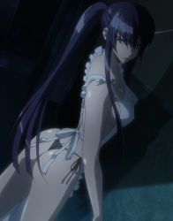 1girl ad anime_screenshot apron ass bikini bikini_bottom_only blue_eyes busujima_saeko female_focus highres highschool_of_the_dead ponytail purple_hair side-tie_bikini_bottom solo swimsuit thong_bikini tongue twisted_torso