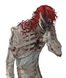 1boy aleph_(reverse:1999) belt black_gloves black_mask blood blood_on_clothes buttons corrupted_twitter_file covered_face covering_face cowboy_shot cracked_mask gloves hand_on_own_face highres hunched_over jacket korean_commentary long_hair long_sleeves male_focus nyangji red_hair reverse:1999 shirt simple_background solo straitjacket two-tone_mask white_background white_jacket white_mask white_shirt