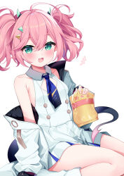 Rule 34 | +++, 1girl, :3, :d, absurdres, ahoge, arm at side, bag, bare shoulders, blue archive, blue necktie, blush, breasts, bright pupils, chips (food), collarbone, collared shirt, colored eyelashes, commentary, demon girl, demon horns, demon tail, diamond cutout, double-parted bangs, dress, food, foot out of frame, green eyes, hair between eyes, hair ornament, happy, hayamasalt, highres, holding, holding bag, horns, jacket, jacket partially removed, long hair, looking at viewer, miniskirt, momoka (blue archive), necktie, open clothes, open jacket, open mouth, pink hair, pleated skirt, pointy ears, potato chips, shirt, sidelocks, simple background, sitting, skirt, sleeveless, sleeveless shirt, small breasts, smile, solo, symbol-only commentary, tail, thighs, triangle hair ornament, twintails, wariza, white background, white dress, white jacket, white pupils, white skirt