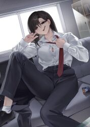 1girl adjusting_clothes adjusting_necktie black_eyes black_hair black_pants black_shoes breasts button_gap collared_shirt commentary couch foot_out_of_frame hand_up highres indoors knee_up large_breasts long_hair looking_at_viewer necktie on_couch original pants red_necktie sabotensuteeki shirt shirt_tucked_in shoes sitting solo symbol-only_commentary white_shirt