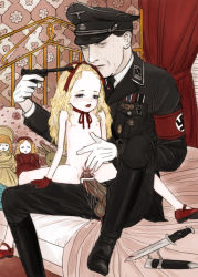 1boy 1girl age_difference bed blonde_hair butaneko_(butaneko_hanten) censored clothed_female_nude_male cum defloration flat_chest girl_on_top gloves gun gun_to_head handgun hetero highres knife loli mary_janes nazi nude penis pistol sex shoes spread_legs vaginal weapon