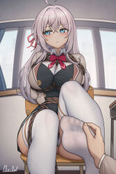 1girl ahoge alisa_mikhailovna_kujou arms_behind_back artist_name bdsm blue_eyes blush bondage bound breasts brown_jacket chair collar embarrassed feet hair_ribbon highres indoors jacket large_breasts long_hair looking_to_the_side neck_ribbon on_chair pantyhose plusout red_ribbon ribbon rope school_uniform shibari shibari_over_clothes thighhighs tokidoki_bosotto_roshia-go_de_dereru_tonari_no_alya-san touching_another&#039;s_feet white_hair white_pantyhose window