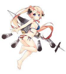 1girl american_flag american_flag_bikini american_flag_print archerfish_(warship_girls_r) ass barefoot bikini blonde_hair blue_eyes blush breasts butt_crack feet female_focus flag_print full_body high_ponytail large_breasts long_hair looking_at_viewer machinery original ponytail print_bikini saru side-tie_bikini_bottom sideboob simple_background smile solo swimsuit torpedo uss_archerfish_(ss-311) uss_archerfish_(zhan_jian_shao_nyu) warship_girls_r white_background