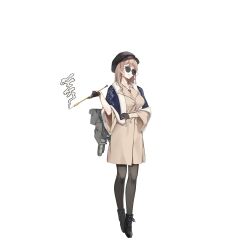 Rule 34 | black footwear, black gloves, black hat, blonde hair, blue capelet, capelet, cigarette holder, coat, fur-trimmed capelet, fur trim, gloves, green eyes, hat, highres, long hair, looking at viewer, missouri (warship girls r), official alternate costume, official art, pantyhose, smile, sunglasses, transparent background, warship girls r, zi se