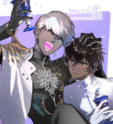 Rule 34 | arjuna (fate), arm up, armor, black gloves, black hair, black shirt, brown eyes, cape, chalice, closed mouth, commentary request, copyright name, cup, dark-skinned male, dark skin, double-parted bangs, facial mark, fate/grand order, fate (series), father and son, gloves, hair between eyes, highres, holding, holding cup, indian clothes, indra (fate), lightning bolt facial mark, long sleeves, open mouth, pauldrons, popped collar, poppoman, print shirt, sanpaku, shirt, shoulder armor, side cape, single pauldron, teeth, tongue, upper body, white cape, white gloves, white hair, white shirt