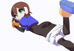 Rule 34 | 1girl, aile (mega man zx), ass, black bodysuit, blue jacket, bodysuit, bodysuit under clothes, brown hair, cropped jacket, green eyes, jacket, kaidou zx, looking at viewer, lying, mega man (series), mega man zx, on stomach, robot ears, short hair, simple background, solo, white background