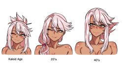3girls age_comparison age_progression aged_up alternate_hairstyle armpit_crease breasts chloe_von_einzbern cleavage commentary dark-skinned_female dark_skin english_commentary fate/kaleid_liner_prisma_illya fate_(series) hair_over_shoulder highres mature_eyes mature_female medium_breasts multiple_girls one_eye_closed pink_eyes pink_hair ponytail romulproduce smile tongue tongue_out