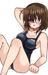 1girl blue_one-piece_swimsuit brown_hair competition_school_swimsuit eyepatch heaven_burns_red highres hiiragi_kozue medium_hair old_school_swimsuit one-piece_swimsuit one_eye_covered purple_eyes school_swimsuit siromochino solo swimsuit