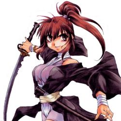 1girl bandages bare_shoulders brown_eyes brown_hair female_focus halterneck inoue_sora japanese_clothes katana kimono leotard long_hair mitsurugi_ryouko off_shoulder official_art pinky_out ponytail real_bout_high_school sash scabbard sheath solo sword weapon