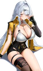 1girl absurdres ahoge armlet asymmetrical_gloves black_gloves black_shorts black_thighhighs breasts cleavage closed_mouth collar commentary elbow_gloves fingerless_gloves gloves grey_hair high-waist_shorts highres hirahiragi_(h1rqg1) huge_breasts jacket jewelry long_hair looking_at_viewer mole mole_on_breast open_clothes open_jacket shirt shorts single_elbow_glove single_hair_intake single_thighhigh skindentation solo thighhighs thighs uneven_gloves very_long_hair white_background white_collar white_shirt yellow_eyes yellow_jacket yi_xuan_(zenless_zone_zero) zenless_zone_zero