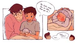 1girl 2boys ^_^ baby black_hair blush_stickers brown_eyes clark_kent closed_eyes commentary d-e-r-i dark-skinned_female dark_skin dc_comics english_text family hat highres jonathan_kent lois_lane multiple_boys my_adventures_with_superman open_mouth pink_shirt purple_shirt shirt short_hair smile superman_(series) symbol-only_commentary t-shirt upper_body