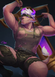 1boy abs animal_ears artist_name bara camouflage camouflage_headband camouflage_pants commentary cow_boy cow_ears cow_horns cow_tail english_commentary furry furry_male green_shirt green_tank_top headband horns injection male_focus muscular muscular_male nipples otanpaint pants pectorals shennong_(housamo) shirt sleeveless sleeveless_shirt tail tank_top tokyo_houkago_summoners torn_clothes torn_pants torn_shirt torn_tank_top