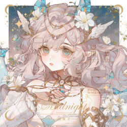 Rule 34 | 1girl, angel wings, blue eyes, blue gemstone, blue horns, border, breasts, brown hair, chest jewel, chinese commentary, cleavage, closed mouth, commentary request, commission, crescent, cross, crystal hair, demon horns, detached sleeves, eyelashes, feathered wings, flower, gem, gold circle, gold ring, hair intakes, hand on own chest, head wings, horns, jewelry, light blush, light particles, lily (flower), lipstick, long hair, long sleeves, looking ahead, makeup, multiple rings, original, outdoors, outside border, pink lips, pointy ears, puffy long sleeves, puffy sleeves, ring, sample watermark, solo, sparkle, too many watermarks, twilight, upper body, very long hair, watermark, wavy hair, white border, white sleeves, white wings, wings, xi guapi