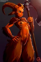 1girl axe body_fur breasts claws demon demon_girl diablo diablo_(series) diablo_2 diablo_3 fingernails furry furry_female goat goat_horns green_eyes horns inverted_nipples krokobyaka monster_girl nipples nude small_breasts solo weapon