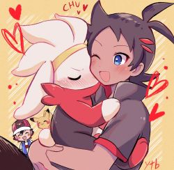 2boys antenna_hair ash_ketchum baseball_cap black_hair blue_eyes blue_vest blush creatures_(company) closed_eyes game_freak gen_1_pokemon gen_8_pokemon goh_(pokemon) grey_shirt hat heart highres hug multiple_boys mutual_hug nintendo one_eye_closed open_clothes open_mouth open_vest orange_background pikachu pokemon pokemon_(anime) pokemon_(creature) pokemon_journeys raboot red_headwear shirt short_hair short_sleeves smile spiked_hair vest white_shirt yataba