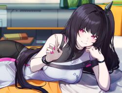 1girl 3_small_spiders alternate_costume architect_(girls&#039;_frontline) black_hair blurry blush bracelet breasts closed_mouth commentary_request elmo_dormitory_outfit girls&#039;_frontline girls&#039;_frontline_2:_exilium indoors jewelry long_hair looking_at_viewer lying on_bed on_side pale_skin purple_eyes side_ponytail smile solo