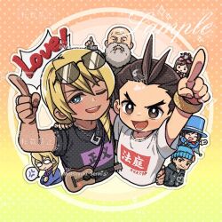2girls 5boys ace_attorney anger_vein apollo_justice apollo_justice:_ace_attorney bald beanie beard black_hoodie blonde_hair blue_cape blue_eyes blue_hat brown_eyes brown_hair cape crossed_arms drill_hair ema_skye eyewear_on_head facial_hair forked_eyebrows full_beard hat hood hoodie klavier_gavin kristoph_gavin multiple_boys multiple_girls outstretched_arm phoenix_wright pointing senki_xl smile spoken_anger_vein sunglasses teeth the_judge_(ace_attorney) top_hat trucy_wright