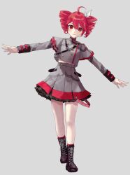 1girl ahoge ankle_socks belt black_belt black_boots black_sleeve_cuffs blush boots bow buttons closed_mouth double-breasted drill_hair fingernails flat_chest grey_background grey_jacket grey_skirt hair_between_eyes hair_bow hair_ribbon jacket kasane_teto kasane_teto_(sv) lace-up_boots layered_skirt layered_sleeves leaning_to_the_side lips long_hair long_sleeves looking_at_viewer mame_(popsoda) midriff_peek miniskirt musical_staff musical_staff_print outstretched_arms red_eyes red_hair red_skirt red_trim ribbon shoulder_belt shoulder_boards skirt skirt_set smile socks solo straight-on striped_clothes striped_jacket synthesizer_v twin_drills utau white_bow white_ribbon