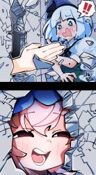 ! !! black_hairband breaking_through_wall crazy_smile crying crying_with_eyes_open gram_9 green_eyes green_vest hairband hat here&#039;s_johnny!_(meme) highres hole_in_wall konpaku_youmu konpaku_youmu_(ghost) meme mob_cap parody pink_eyes pink_hair puffy_short_sleeves puffy_sleeves saigyouji_yuyuko scene_reference screaming short_hair short_sleeves smile tears the_shining touhou vest white_hair