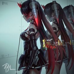 Rule 34 | 3girls, bare back, bare shoulders, black dress, black hair, breasts, chest harness, chin guard, chinese commentary, chinese text, clenched hand, commentary, cowboy shot, dated, dress, earrings, fake horns, from side, gradient hair, harness, headgear, highres, horns, jewelry, long hair, lucia: dawn (pgr), lucia (pgr), mechanical arms, mechabare, medium breasts, multicolored hair, multiple girls, oni horns, pleated skirt, profile, punishing: gray raven, qnzy, red hair, short dress, sideboob, signature, skirt, smile, strap, streaked hair, translated, twintails, very long hair