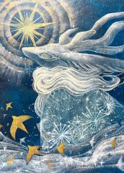 abstract antlers bird blue_background blue_eyes blue_theme creature creature_focus good_night_1077 highres horns large_ears multicolored_eyes neck_fur no_humans original painterly painting_(medium) ringed_eyes star_(sky) star_(symbol) surreal traditional_media twitter_username yellow_eyes
