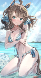 1girl ahoge animal_ears barefoot bikini breasts cleavage closed_mouth collarbone commentary_request commission daring_tact_(umamusume) embarrassed highres horse_ears horse_girl horse_tail kneeling lens_flare long_hair looking_at_viewer medium_breasts ocean skeb_commission solo swimsuit tail takenaka_takeshi umamusume water wet