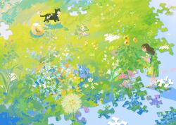Rule 34 | 1girl, absurdres, animal, black eyes, blue flower, brown hair, cat, closed mouth, dandelion, day, dress, flower, grass, green dress, green footwear, hair ornament, hairpin, hat, highres, leaf, light smile, long hair, looking at object, ningmeng manyou, on grass, original, pink flower, pointing, procreate (medium), puzzle, puzzle piece, short sleeves, socks, solo, standing, sunflower, white flower, white socks, yellow flower, yellow hat
