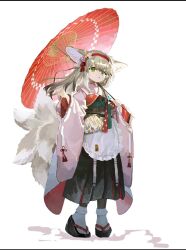 Rule 34 | 1girl, animal ear fluff, animal ears, apron, arknights, blonde hair, brown sash, duochichufanghuashengmi, flower, fox ears, fox girl, fox tail, green eyes, hair flower, hair ornament, hairband, highres, holding, holding umbrella, japanese clothes, kimono, long hair, multiple tails, obi, open mouth, pink kimono, platform sandals, red hairband, red umbrella, sandals, sash, sidelocks, socks, solo, suzuran (arknights), suzuran (yukibare) (arknights), tail, umbrella, white apron, white flower, white socks