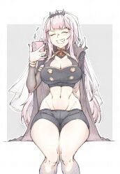 1girl black_cape black_shirt black_shorts breasts cape cellphone cleavage closed_eyes crop_top grin highres holding holding_phone hololive hololive_english igalimax large_breasts long_hair mori_calliope mori_calliope_(1st_costume) navel phone pink_hair see-through_clothes see-through_veil shirt short_shorts shorts smartphone smile solo spiked_cape teeth tiara veil virtual_youtuber