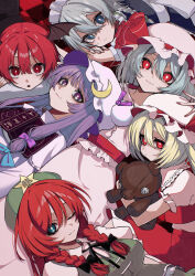6+girls absurdres bat_wings blonde_hair blue_eyes blue_hair bow braid crescent demon demon_girl dress flandre_scarlet hat hat_ornament highres hong_meiling hugging_object izayoi_sakuya koakuma long_hair looking_at_viewer maid maid_headdress mob_cap multiple_girls one_eye_closed open_mouth patchouli_knowledge puffy_short_sleeves puffy_sleeves purple_eyes purple_hair red_eyes red_hair remilia_scarlet ribbon scarlet_devil_mansion short_hair short_sleeves smile soregashi_nk stuffed_animal stuffed_toy teddy_bear touhou twin_braids wings