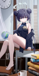 Rule 34 | 1girl, absurdres, bare legs, bare shoulders, barefoot, black dress, black hair, black jacket, black nails, blue archive, blush, china dress, chinese clothes, closed mouth, desk, double bun, dragon print, dress, grey eyes, grey halo, hair bun, halo, highres, jacket, kisaki (blue archive), long hair, looking at viewer, lu lu mao, nail polish, on desk, sitting, solo, toenail polish, toenails, twintails
