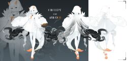 Rule 34 | 1girl, :/, absurdres, black eyes, breasts, collar, corset, crinoline, dress, fins, fish tail, fur collar, gradient horns, highres, horns, jacket, jellyfish cut, koi, leggings, looking at viewer, multicolored horns, multiple views, original, oversized clothes, reference sheet, single leg pantyhose, spot color, tail, tentacles, white dress, white hair, white jacket, white leggings, yellow pupils, yoimon, zoom layer