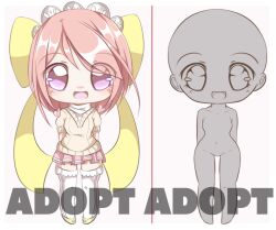 1girl adoptable arms_behind_back border bow chibi commentary english_commentary eyes_visible_through_hair frilled_thigh_strap hair_bow heart light_blush long_hair maid_headdress mary_janes miniskirt niinakho open_mouth original pink_background pink_hair pink_skirt pleated_skirt purple_eyes scarf shirt shirt_under_sweater shoes short_sleeves skirt smile sweater swept_bangs tareme thigh_strap thighhighs v-neck variations watermark white_border white_scarf white_shirt white_thighhighs yellow_bow yellow_shoes yellow_sweater