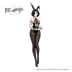 1girl alcohol animal_ears anklet bare_shoulders black_hair black_leotard black_pantyhose black_shoes breasts champagne champagne_flute cleavage copyright_name copyright_notice cross_tie cup diana_(rememento) drinking_glass fake_animal_ears front-seamed_legwear full_body green_eyes grin hair_over_one_eye highres holding holding_tray jewelry large_breasts leotard logo looking_at_viewer official_art one_eye_covered pantyhose playboy_bunny rabbit_ears rememento:_white_shadow seamed_legwear see-through_cleavage see-through_clothes shoes short_hair sideboob smile solo standing tachi-e thighband_pantyhose tray white_background white_wrist_cuffs wrist_cuffs