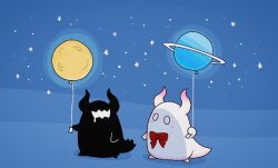 2others balloon blue_background bow bowtie ghost holding holding_balloon horns hoshikui moon multiple_others night night_sky no_humans original red_bow red_bowtie shoutarou_(shoutarotttt) sky standing star_(sky) white_eyes