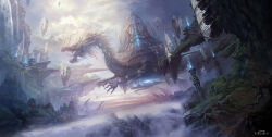 Rule 34 | animal focus, armlet, artist name, brazier, building, cloud, cloudy sky, column, day, dragon, eastern dragon, fantasy, flying, giant, giant monster, highres, horns, jewelry, neck ring, no humans, open mouth, original, painterly, pillar, realistic, rock, scenery, sharp teeth, simple bird, sky, teeth, walking city, white70