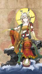 1girl arknights bandeau barefoot blonde_hair blue_eyes breasts buddha cleavage closed_mouth collarbone colored_extremities commentary crop_top dragon_girl dragon_horns full_body grey_hair halo halo_behind_head highres horns le_(user_nkge7754) light_smile long_hair multicolored_hair ocean on_rock outdoors pointy_ears purple_hair rock shu_(arknights) sitting small_breasts solo strapless unfinished very_long_hair water waves yellow_bandeau yellow_halo