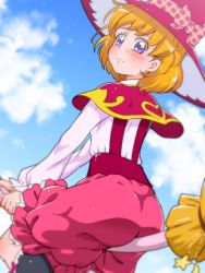 Rule 34 | 1girl, asahina mirai, ass, between buttocks, blonde hair, blush, broom, broom riding, capelet, cloud, day, female focus, hat, looking back, magic school uniform (mahou girls precure!), mahou girls precure!, precure, purple eyes, school uniform, short hair, sky, solo, tj-type1, witch hat
