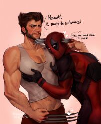 2boys absurdres arm_hair back bara beard blood blush bodysuit brown_hair chest_hair claw_(weapon) clenched_hands closed_mouth commentary deadpool deadpool_&amp;_wolverine deadpool_(series) english_commentary facial_hair heart highres hikary_bw impaled large_pectorals male_focus marvel marvel_cinematic_universe multiple_boys muscular muscular_male navel pants pectoral_grab pectorals red_bodysuit red_mask short_hair sparkle speech_bubble stab superhero_costume tank_top two-tone_bodysuit veins veiny_arms weapon wolverine_(x-men) yaoi